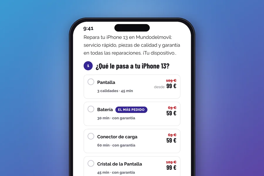 Página de un modelo con sus reparaciones y precios