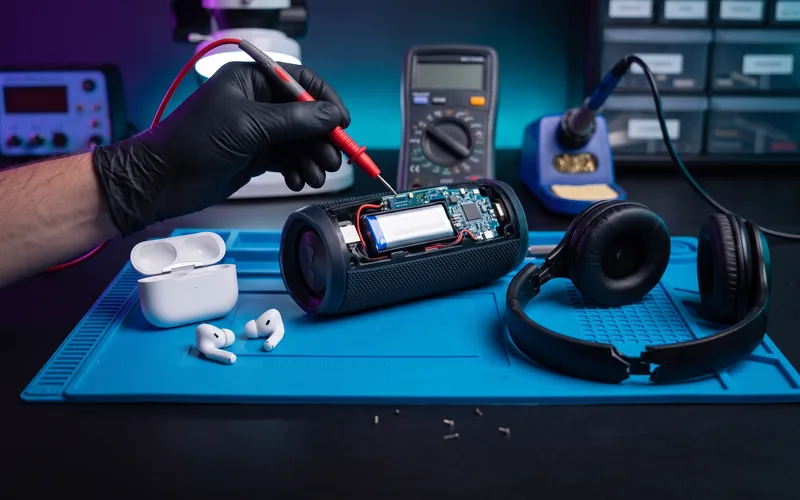 Auriculares, altavoz y cascos en reparación