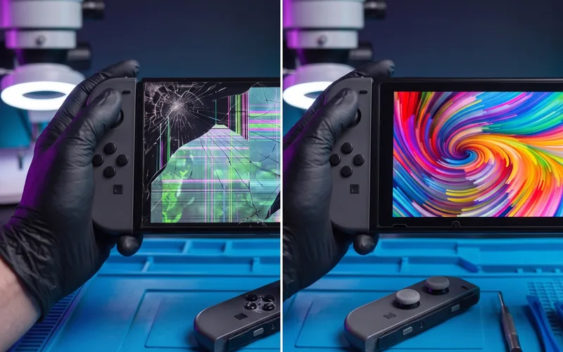 Nintendo Switch con la pantalla rota y la misma consola arreglada