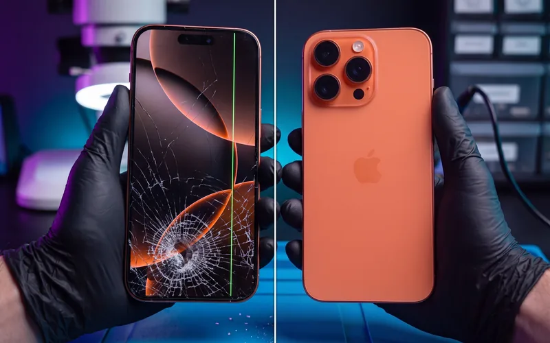 iPhone con la pantalla y la tapa trasera rotas y el mismo iPhone arreglado