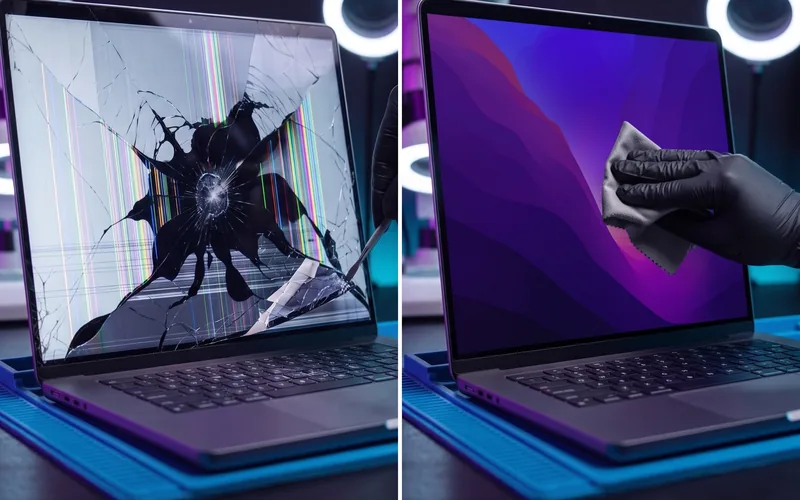 MacBook con la pantalla rota y el mismo MacBook arreglado
